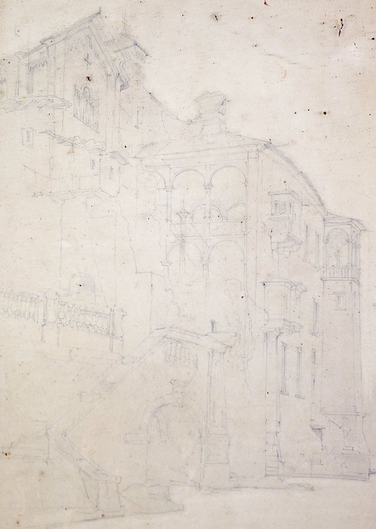 Attributed to John Frederick Lewis RA (1805-1876) pencil drawing, Study of the facade of a cathedral in Spain, possibly Santiago de Compostela, 39.5 x 29cm. Condition - fair